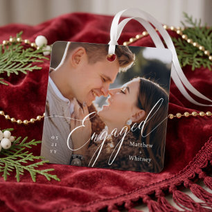 Engaged Minimal Elegant Script Engagement Photo Metal Tree Decoration