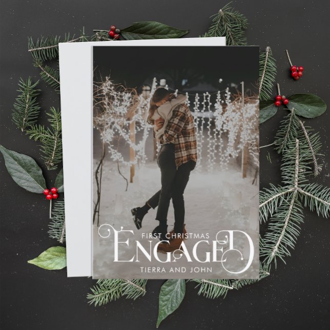 Engaged Minimalist Fun Typography Photo Holiday Card (Creator Uploaded)