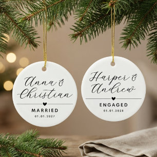 Engaged   Modern Calligraphy Couple Newlyweds Name Ceramic Ornament