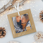 Engaged Modern Script Couples Photo & Monogram Glass Tree Decoration<br><div class="desc">Beautiful engagement photo ornament to cherish. Design features personalised photo with elegant modern "Engaged" script photo overlay. Custom with couple's monogram and year. Background colour can be changed using the Zazzle design tool. Design by Moodthology Papery.</div>