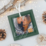 Engaged Modern Script Couples Photo & Monogram Glass Tree Decoration<br><div class="desc">Beautiful engagement photo ornament to cherish. Design features personalised photo with elegant modern "Engaged" script photo overlay. Custom with couple's monogram and year. Background colour can be changed using the Zazzle design tool. Design by Moodthology Papery.</div>