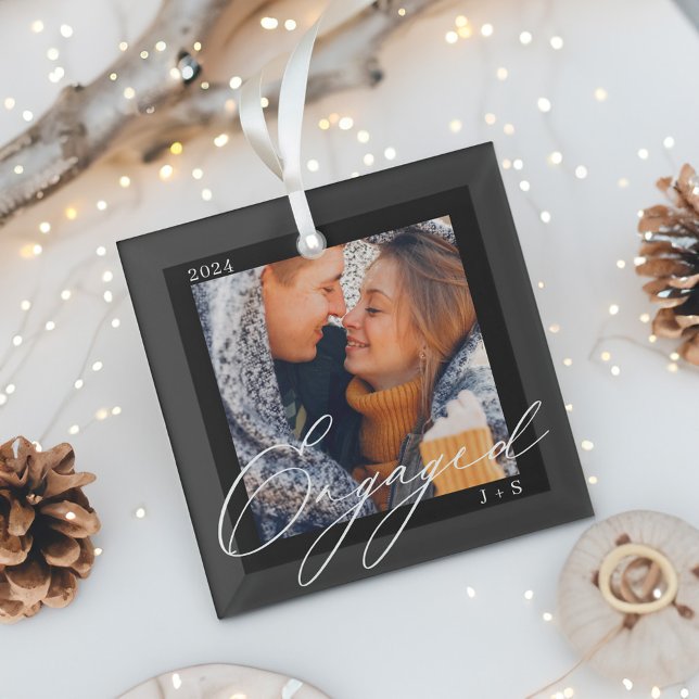 Engaged Modern Script Couples Photo & Monogram Glass Tree Decoration (Engaged Modern Script Couples Photo & Monogram Glass Ornament)