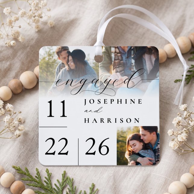 Engaged Modern Script Engagement Photo Keepsake  Metal Tree Decoration (Engaged Modern Script Engagement Photo Keepsake Metal Ornament)