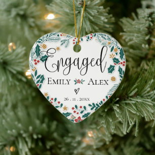 Engaged Our First Christmas Red Berries Christmas Ceramic Ornament