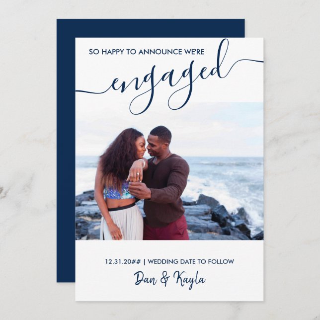 Engaged Photo and Elegant Script Blue Engagement Announcement (Front/Back)
