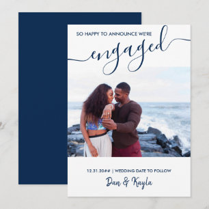 Engaged Photo and Elegant Script Blue Engagement Announcement