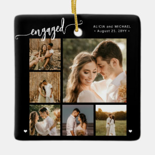 Engaged script 6 photo engagement keepsake black ceramic ornament