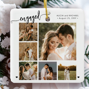Engaged script 6 photo engagement keepsake ceramic ornament
