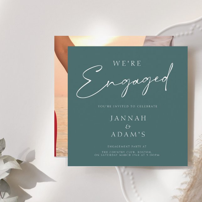 Engaged Simple Photo Emerald Green Engagement Invitation (Creator Uploaded)