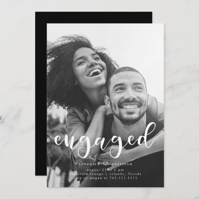 Engaged Simple Typography Engagement Party Photo Invitation (Front/Back)