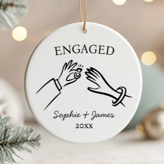 Engaged Whimsical Hand Drawn Engagement Christmas  Ceramic Ornament