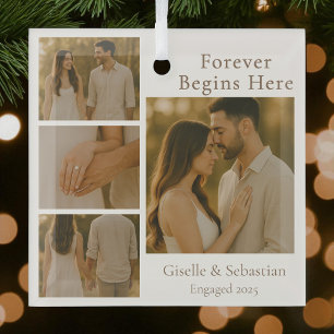 Engagement 4 Photo Collage Christmas Holiday Glass Tree Decoration
