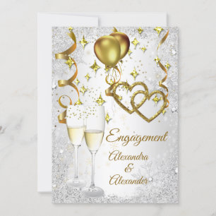 Engagement champagne hearts gold silver invitation