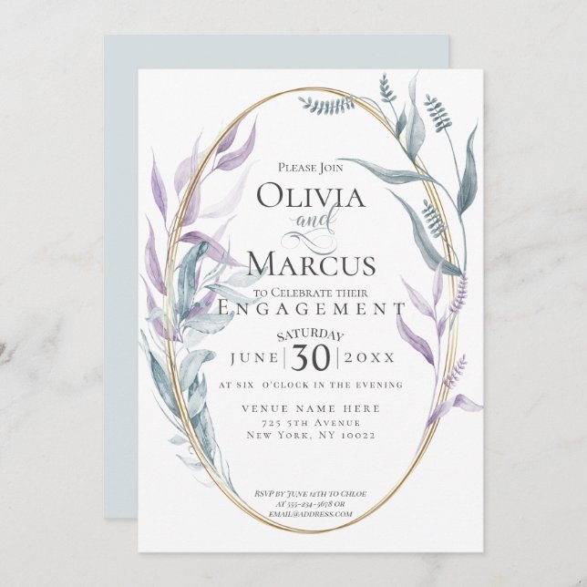Engagement | Dusty Blue and Violet Foliage Invitation (Front/Back)