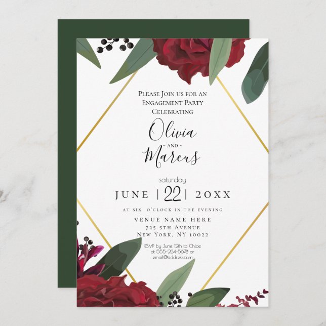 ENGAGEMENT | Elegant Rich Burgundy Marsala Floral Invitation (Front/Back)