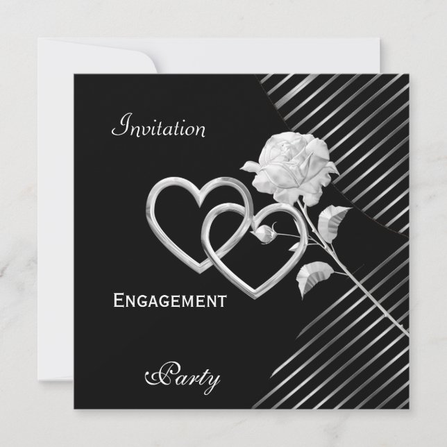 Engagement Elegant Stripe Black Silver Rose Invitation (Front)