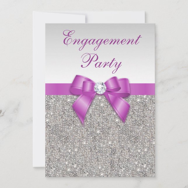 Engagement Faux Silver Sequins Radiant Orchid Bow Invitation (Front)