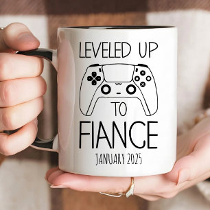 Engagement Gift for Him, LEVELED UP TO FIANCE Two-Tone Coffee Mug