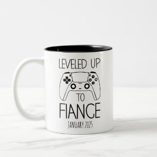 Engagement Gift for Him, LEVELED UP TO FIANCE  Two-Tone Coffee Mug
