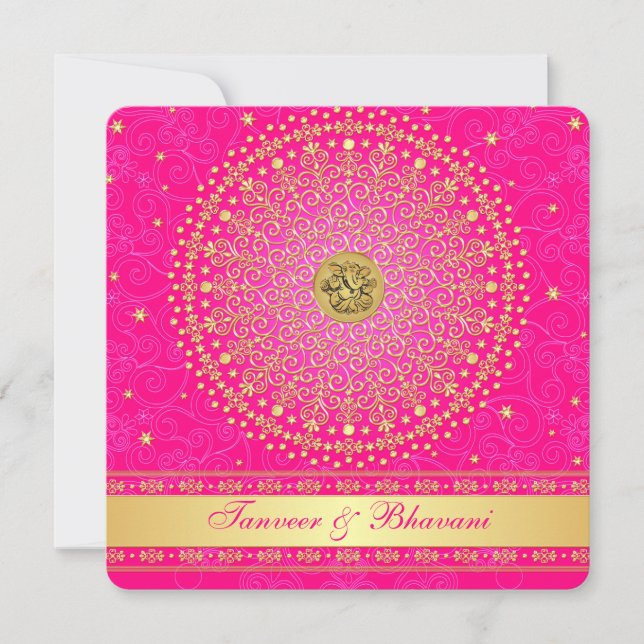 Engagement Invitation | Ganesh Pink Gold Scrolls (Front)