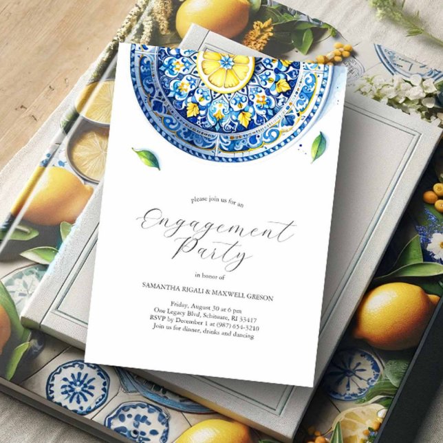 Engagement Invitations Elegant Alfresco Theme (Engagement party invitations yellow and blue lemon Italian theme by Victoria Grigaliunas)
