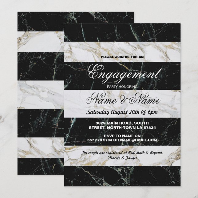 Engagement Invitations Stripe Black White Marble (Front/Back)