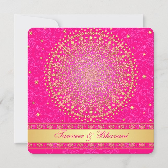 Engagement Invite | Intricate Pink, Gold Scrolls (Front)