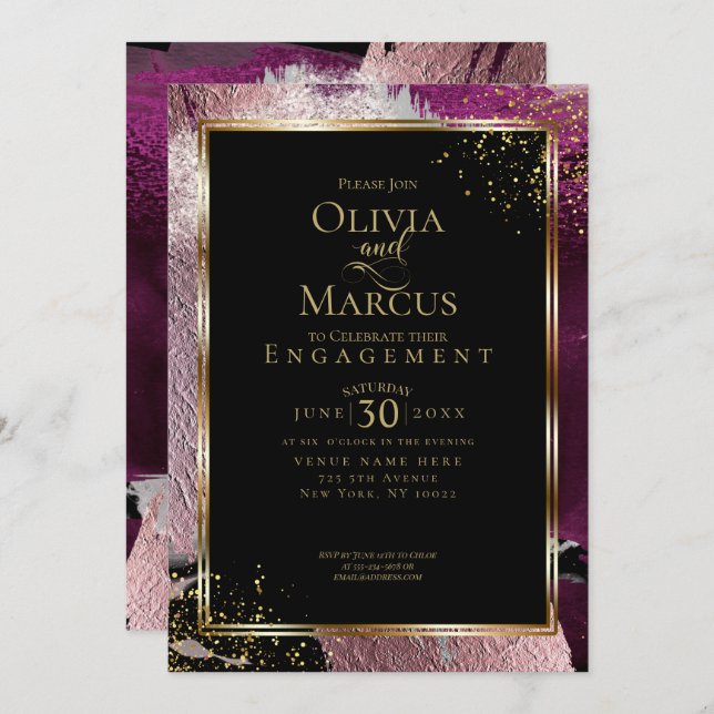 ENGAGEMENT | Modern Bold Abstract Wine Strokes Invitation (Front/Back)