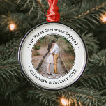 Engagement Our First Christmas Simple Black White Metal Ornament<br><div class="desc">Celebrate the joyful 1st holiday of your engagement with a custom photo "Our First Christmas Engaged" round metal ornament. Picture and all text on this template are simple to personalize, and can read "Together" or "Married." (IMAGE PLACEMENT TIP: To center the photo exactly how you want, crop it into a...</div>