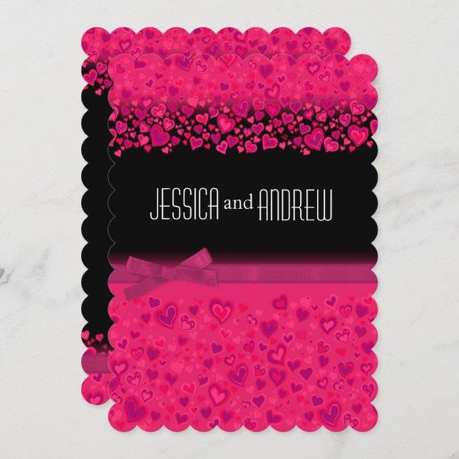 Engagement party black and pink hearts invitation (Front/Back)
