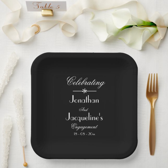 Engagement Party Chic Script Names Elegant B & W  Paper Plate (Wedding)