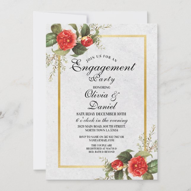 Engagement Party Couples Shower Christmas Red Gold Invitation (Front)