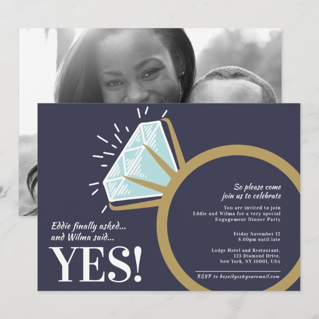 Engagement party diamond gold ring graphic photo invitation (Front/Back)