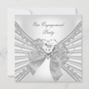Engagement Party Diamond Heart White Silver Bow Invitation