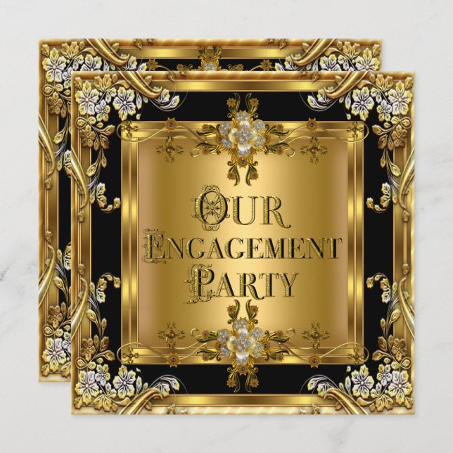 Engagement Party Elegant Gold Floral Jewel Black 2 Invitation (Front/Back)
