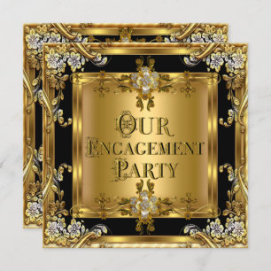 Engagement Party Elegant Gold Floral Jewel Black 2 Invitation