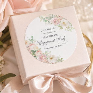 Engagement Party Elegant Soft Blush Roses Classic Round Sticker