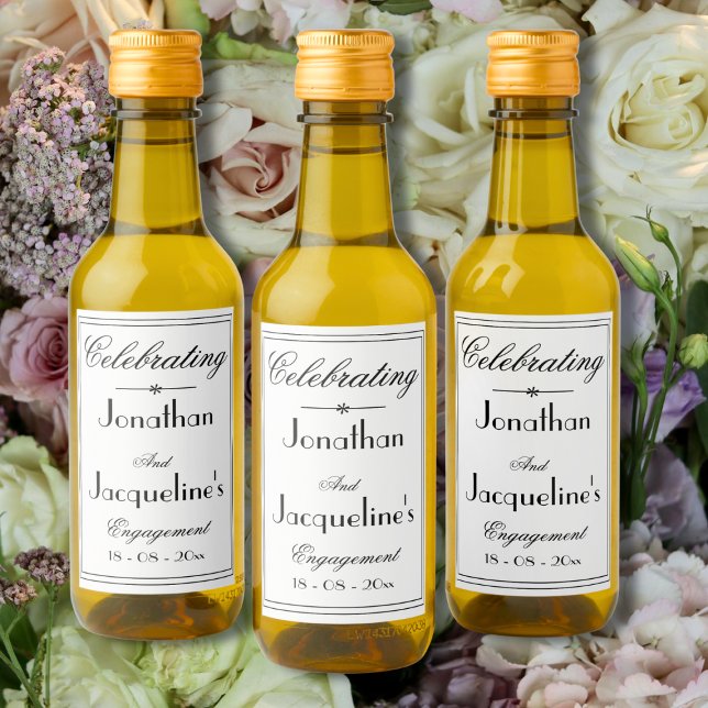 Engagement Party Favour Names Elegant Simple White Wine Label (Engagement Party Favors - Elegant, Simple Black and White Mini Wine Bottle Labels.)