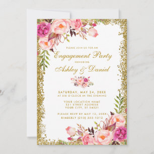 Engagement Party Floral Pink Gold Glitter Invite