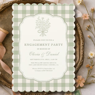 Engagement Party Gingham Floral Sage Green Invitation