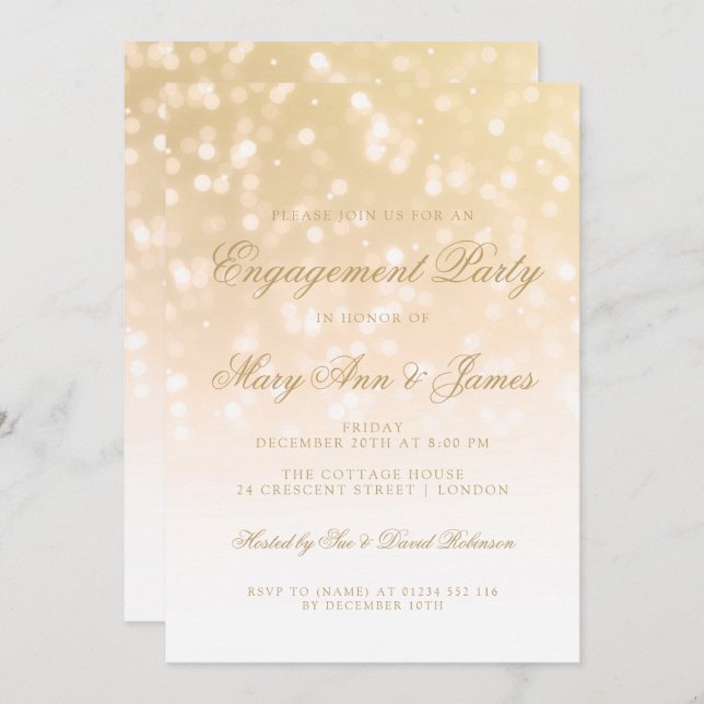 Engagement Party Gold Bokeh Sparkle Lights Invitation (Front/Back)