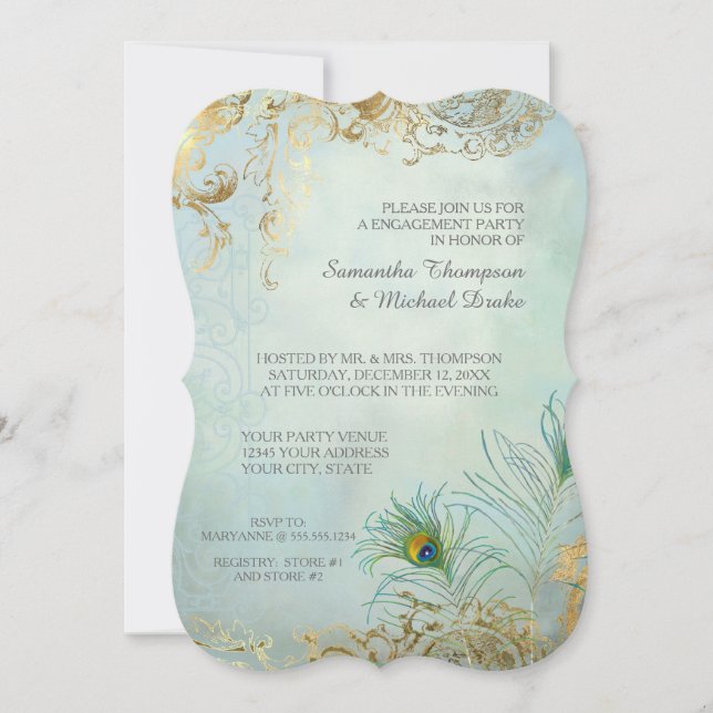 Engagement Party Gold Leaf Peacock Feather Elegant Invitation (Front)