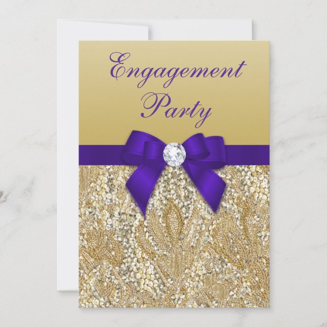 Engagement Party Gold Sequins Royal Purple Bow Invitation (Front)
