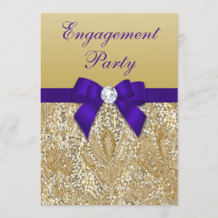 Engagement Party Gold Sequins Royal Purple Bow Invitation