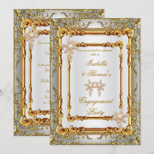 Engagement Party Gold White Damask Flowers Invitation