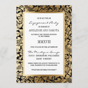 Engagement Party   Golden Floral Damask on Black Invitation