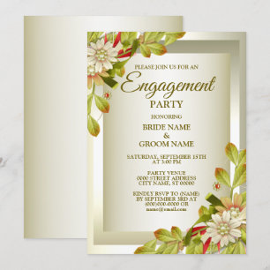 Engagement Party Green Foliage White Floral Golden Invitation