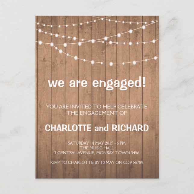 Engagement party invitation wood and string lights (Front)