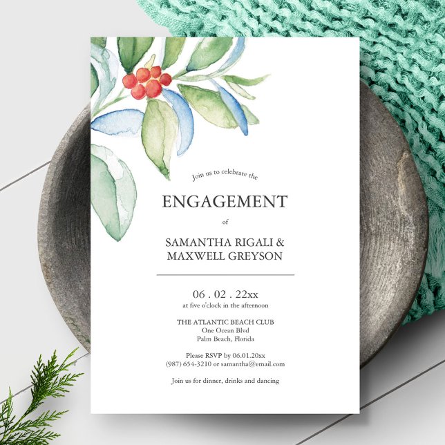 Engagement Party Invitations Festive Greenery (Christmas theme engagement party invitations unique watercolor art and design  Victoria Grigaliunas)