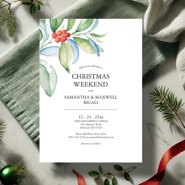 Engagement Party Invitations Festive Greenery (Christmas weekend invitations features botanical red and green watercolor art Victoria Grigaliunas)